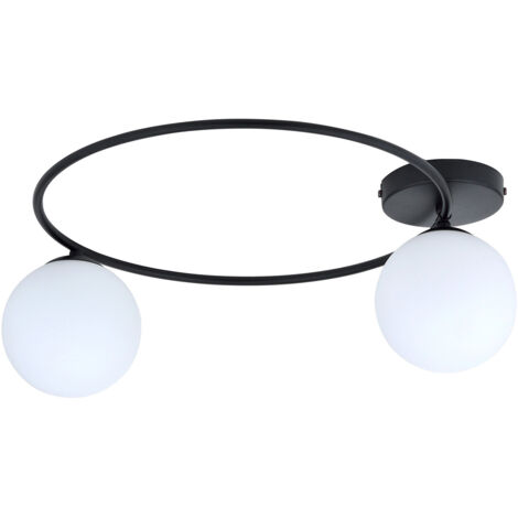 Plafoniera Minimal 2 Luci Perseo In Acciaio Nero E Sfere In Vetro Bianco