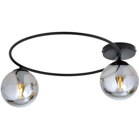 Plafoniera Minimal 2 Luci Perseo In Acciaio Nero E Sfere In Vetro Fumè