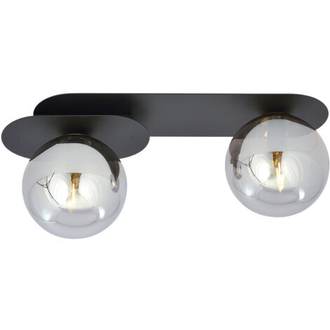 Plafoniera Minimal 2 Luci Teia In Acciaio Nero E Sfere Vetro Fumè