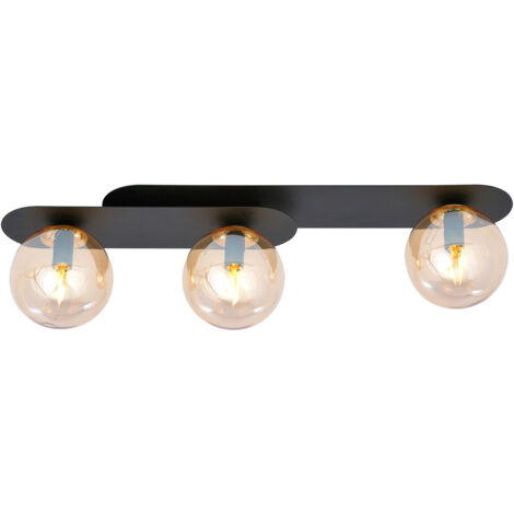 Plafoniera Minimal 3 Luci Teia In Acciaio Nero E Sfere Vetro Ambra