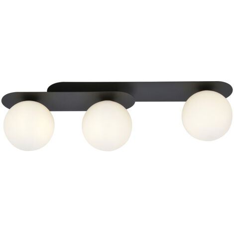 Plafoniera Minimal 3 Luci Teia In Acciaio Nero E Sfere Vetro Opale