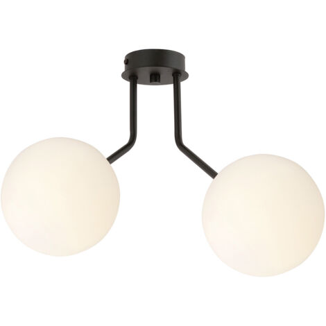 Plafoniera Moderna 2 Luci Orione In Acciaio Nero E Sfere Vetro Opale