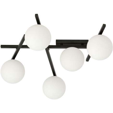 Plafoniera Moderna 5 Luci Teti In Acciaio Nero Bracci Regolabili E Vetro Opale