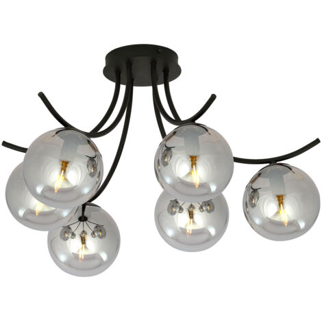 Plafoniera Moderna 6 Luci Coeo In Acciaio Nero E Diffusori In Vetro Fumè