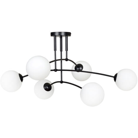 Plafoniera Moderna 6 Luci Susanoo In Acciaio Nero E Vetri A Sfera In Bianco