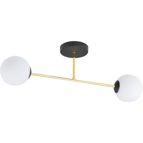 Plafoniera Moderna Magnium 2 Luci In Acciao Nero Oro E Sfere In Vetro Bianco