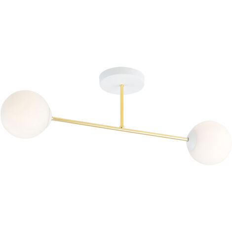 Plafoniera Moderna Magnium 2 Luci In Acciao Oro E Sfere In Vetro Bianco