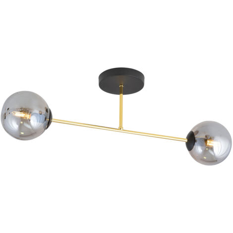 Plafoniera Moderna Magnium 2 Luci In Acciao Oro E Sfere In Vetro Fumè