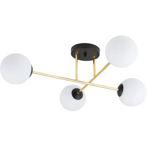 Plafoniera Moderna Magnium 4 Luci In Acciao Nero Oro E Sfere In Vetro Bianco