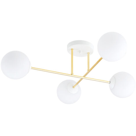 Plafoniera Moderna Magnium 4 Luci In Acciao Oro E Sfere In Vetro Bianco