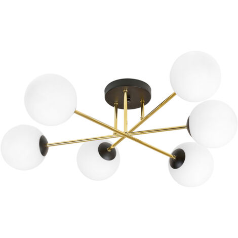 Plafoniera Moderna Magnium 6 Luci In Acciao Nero Oro E Sfere In Vetro Bianco