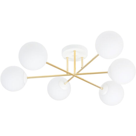 Plafoniera Moderna Magnium 6 Luci In Acciao Oro E Sfere In Vetro Bianco