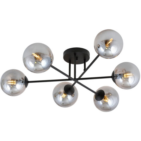Plafoniera Moderna Morrigan 6 Luci In Acciao Nero E Sfere In Vetro Fumè