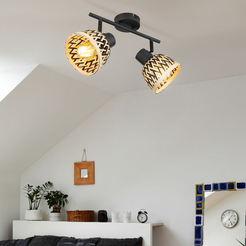 Image of Plafoniera nera spot striscia bambù lampada da soggiorno moderna faretto da soffitto 2 fiamme naturali, punti luce da soffitto regolabili, metallo, 2