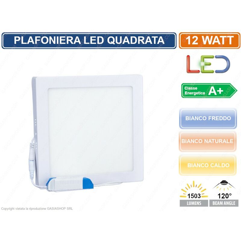 Image of Plafoniera pannello led 12W quadrata a montaggio superficiale 3000K - 4000K - 6500K - Colore Luce: Bianco Caldo