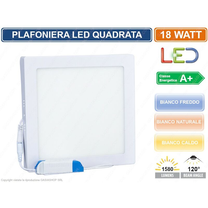 Image of Plafoniera pannello led 18W quadrata a montaggio superficiale 3000K - 4000K - 6500K - Colore Luce: Bianco Caldo