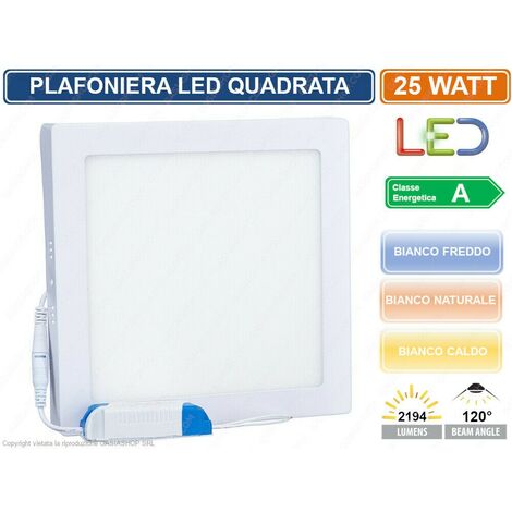PLAFONIERA PANNELLO LED 25W QUADRATA A MONTAGGIO SUPERFICIALE 3000K - 4000K - 6500K - Colore Luce: Bianco Naturale