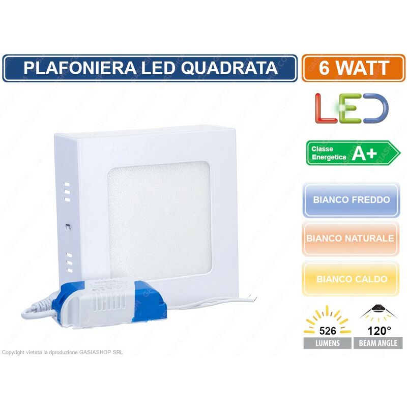 Image of PLAFONIERA PANNELLO LED 6W QUADRATA A MONTAGGIO SUPERFICIALE 3000K - 4000K - 6500K - Colore Luce: Bianco Caldo