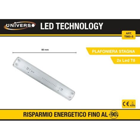 Plafoniera per 2 Tubo Led Cablata Stagna 60cm IP65 P-T8-60-S