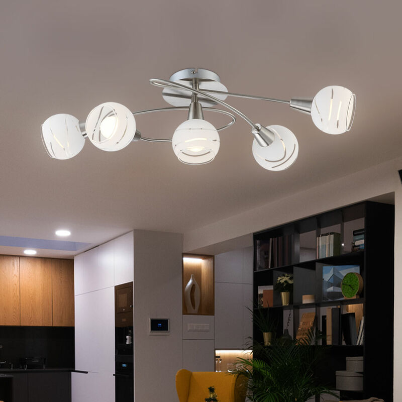 Image of Plafoniera plafoniera faretto soggiorno lampada spot, 5 lampadine vetro nichel opaco bianco, led 4W 400Lm bianco caldo, LxPxH 62,4x37,1x21,1 cm