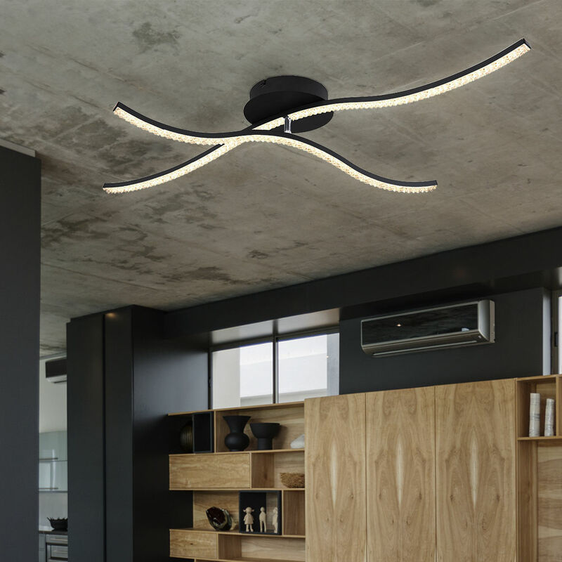 Image of Plafoniera, plafoniera, lampada di design, lampada da soggiorno, 2 fiamme flessibili, cristalli acrilici in metallo, nero trasparente, 1x led 20W