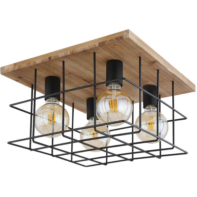 Image of Etc-shop - Lampada da soffitto plafoniera lampada in legno lampada da soggiorno lampada da sala da pranzo, 4 lampadine griglia metallica industriale