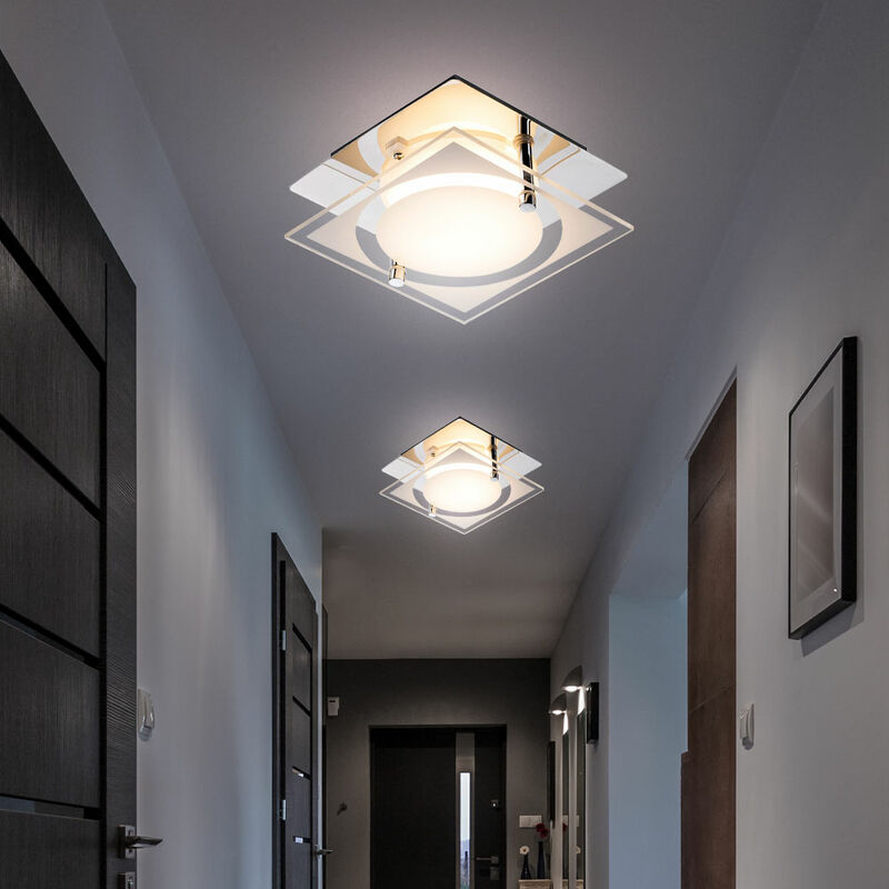 Image of Etc-shop - Plafoniera, plafoniera quadrata, lampada da corridoio cromata, vetro satinato, 1x led 6W 400Lm bianco neutro, LxPxH 12 x 12 x 7 cm