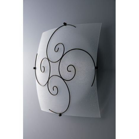 "Plafoniera RICCIOLO in vetro bianco con decoro in metallo ruggine 40x40 cm."