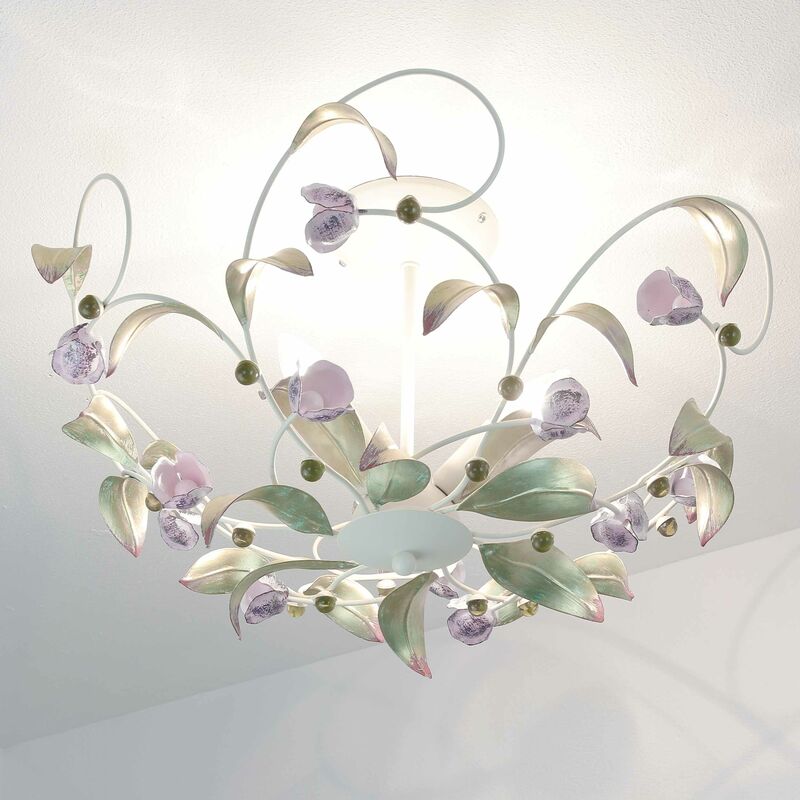 Image of Plafoniera Lampada da soffitto a 3 Punti luce in stile floreale con motivo farfalle color rosa bianco verde rose Ø64cm - Bianco, rosa