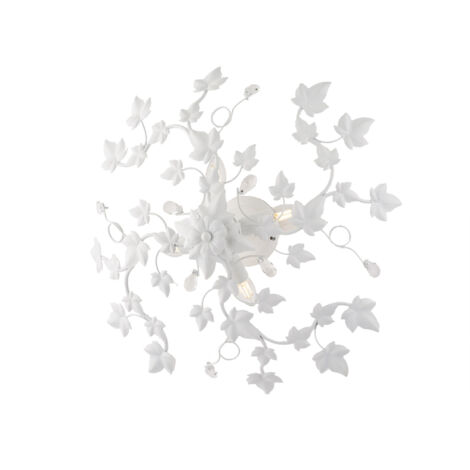 Plafoniera Shabby Edera 4 Luci Ferro Battuto Bianco Con Foglie E Cristalli