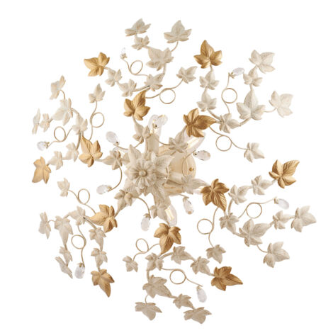 Plafoniera Shabby Edera 6 Luci Ferro Battuto Avorio Oro Con Foglie E Cristalli