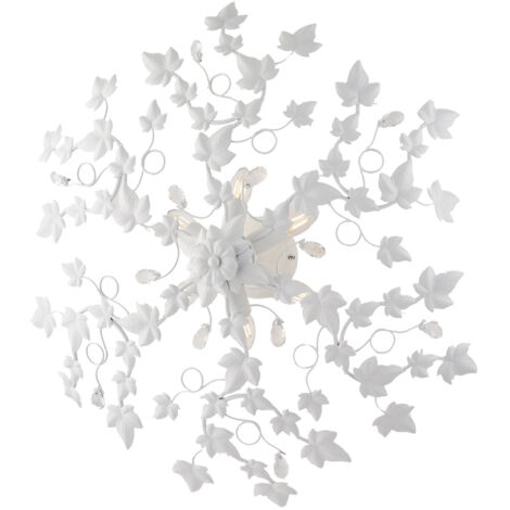 Plafoniera Shabby Edera 6 Luci Ferro Battuto Bianco Con Foglie E Cristalli