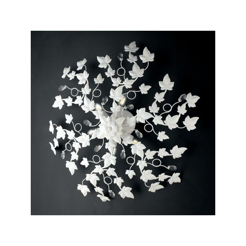 Image of Belight - Plafoniera in ferro laccato bianco con decorazione shabby e strass in cristallo 6 luci Bianco Shabby Edera