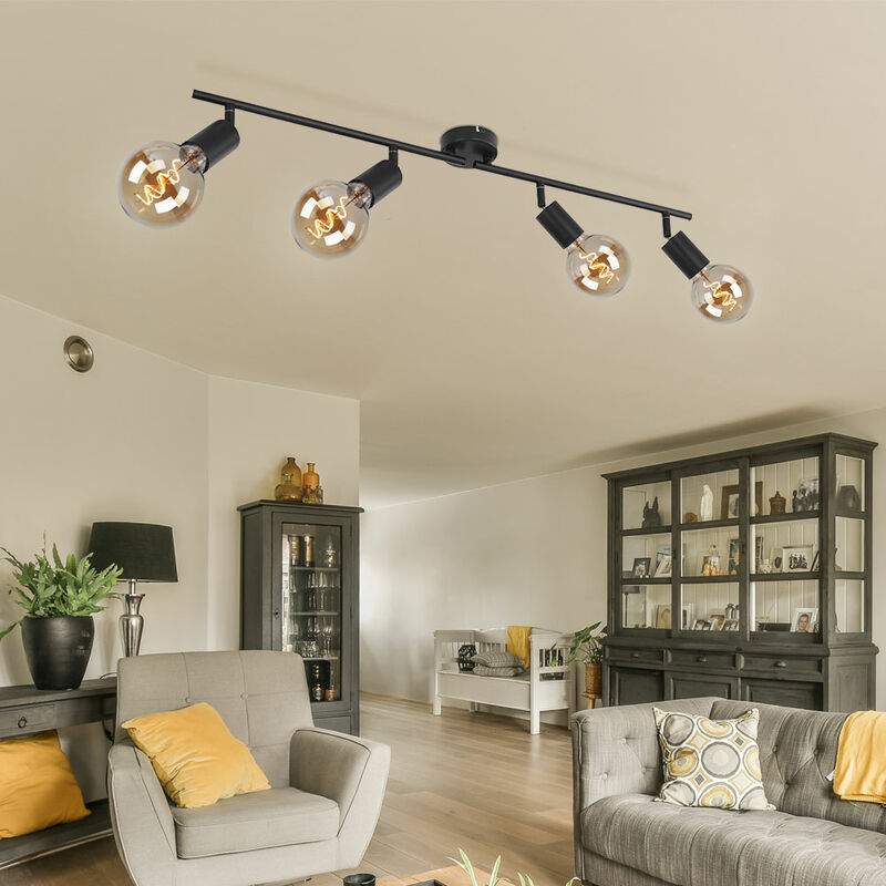 Image of Plafoniera, lampada da soffitto, lampada spot, faretto da soffitto, soggiorno, 4 punti fiamma, mobile, metallo nero, 4 prese E27, LxLxA 80x8,5x15,5cm