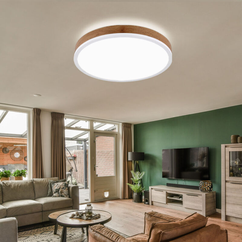 Image of Plafoniera soggiorno lampada da soffitto lampada da sala da pranzo lampada da corridoio rotonda, metallo bianco plastica opale aspetto legno mdf, 1x