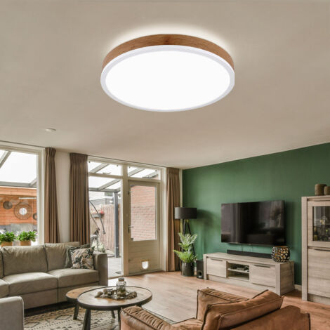Plafoniera soggiorno lampada da soffitto lampada da sala da pranzo lampada da corridoio rotonda, metallo bianco plastica opale aspetto legno MDF, 1x LED 24W 1800Lm 3000K bianco caldo, D 45 cm