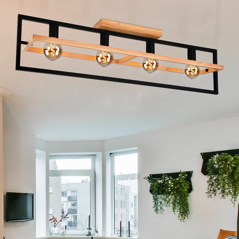Image of Etc-shop - Plafoniera soggiorno lampada da soffitto sala da pranzo luce rettangolare, metallo nero legno marrone scuro, 4 lampadine E27, l 98 cm
