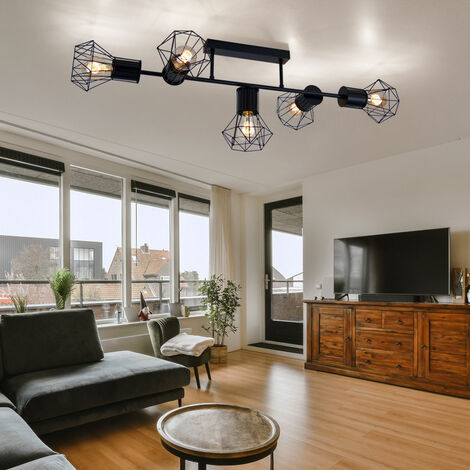 Plafoniera soggiorno lampada in metallo nero con rete metallica plafoniera lampada reticolo nero, punti di diamante in ottica gabbia 5 luci, 5x E27, L 90 cm
