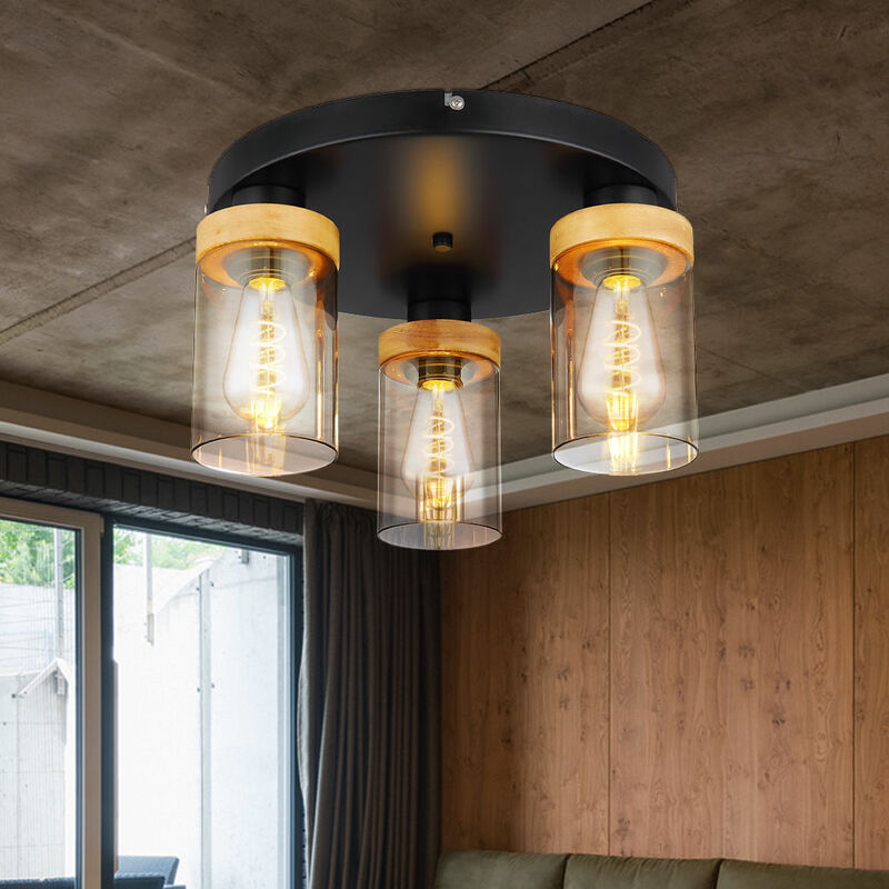 Image of Plafoniera soggiorno plafoniera sala da pranzo lampada corridoio, metallo vetro legno fumo nero, 3 lampadine, E27, h 21 cm