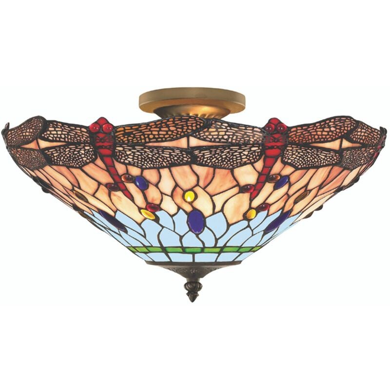 Plafoniera Tiffany Libellula Metallo Ottone Vetro 3 Luci E14