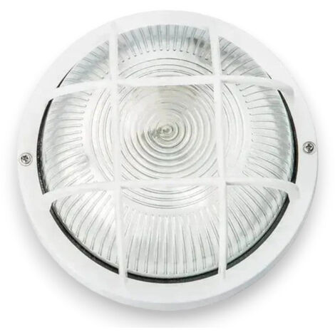 Plafoniera tonda illuminazione esterna con diffusore in vetro e griglia di protezione -  Bianco