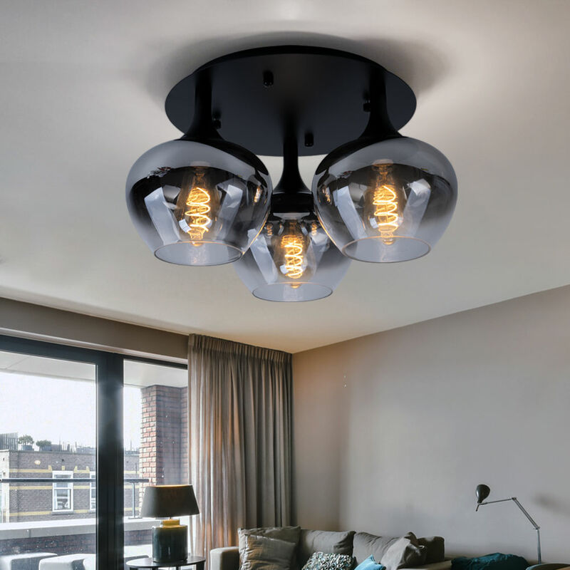 Image of Etc-shop - Plafoniera vetro fumè lampada da soggiorno plafoniera sfera di vetro rotonda camera da letto, metallo nero, 3x E27, DxH 45x25,5 cm
