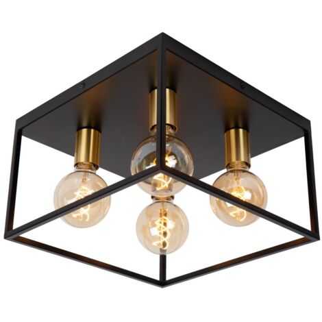 Plafoniera vintage nera oro quadrata 4xE27 Lucide Ruben