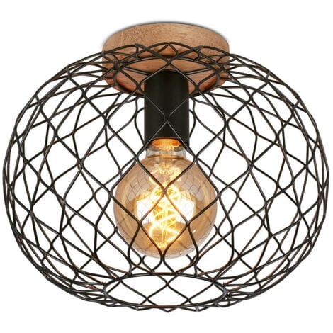 BRILO Plafoniera Vintage Winki Legno Marrone Metallo Nero 1 Luce E27 D.30