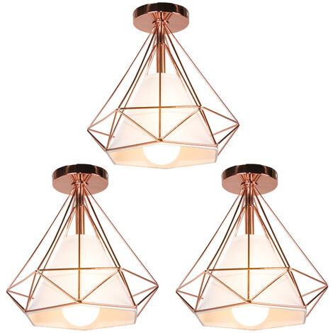 Plafoniere Interni, Lampade a Soffitto a Forma di Ø25cm Diamante in Metallo E27, Illuminazione a Soffitto per Corridoio Bar Cucina Oro Rosa 3 Pezzi