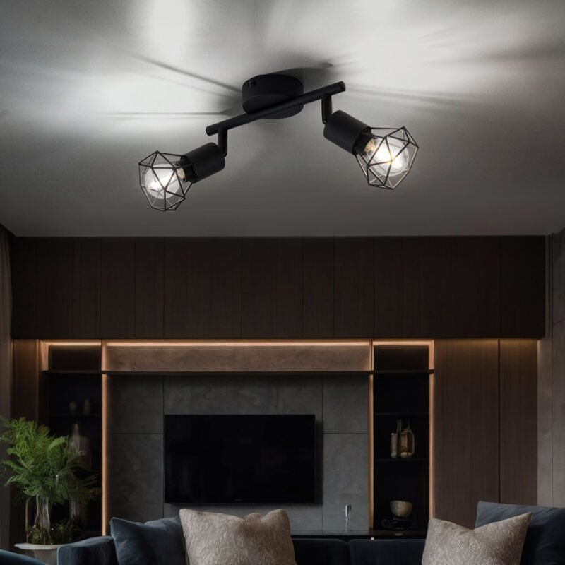 Plafonnier 2 ampoules spot noir 2 spots plafonnier orientable noir, cage design métal, 2x 6W 2x 700lm blanc chaud, LxPxH 22x8x18 cm