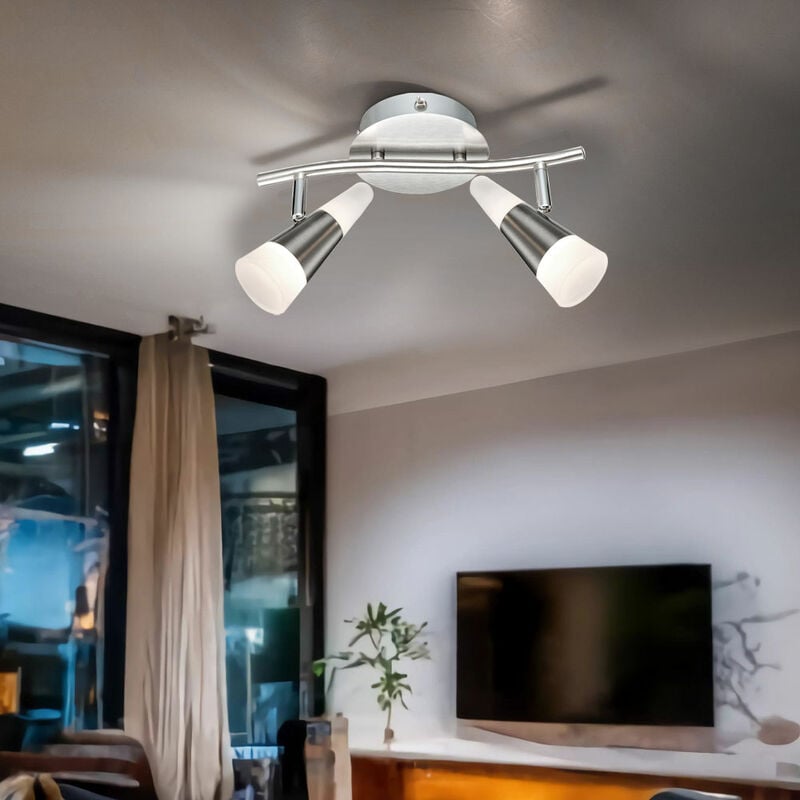 Plafonnier 2 spots flamme plafonnier orientable gris plafonnier interrupteur spots LED, avec spots mobiles en gris et nickel, 2x5W 2x 300lm 3000K,
