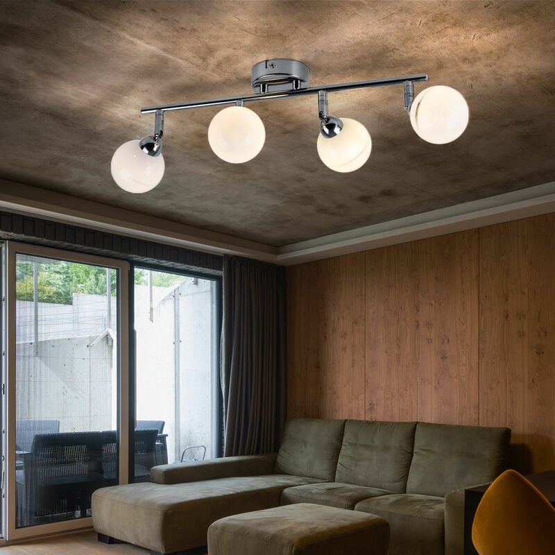 Plafonnier 4 lampes spot strip boules plafonnier blanc spot orientable, acier chromé, blanc, l 45 cm