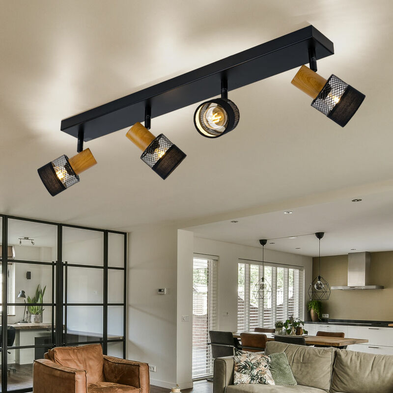 Wofi - Plafonnier, 4 flammes, lampe de salon, spot, mobile, aspect bois, acier fer noir, 4x E14, LxlxH 65x8x17 cm 11652