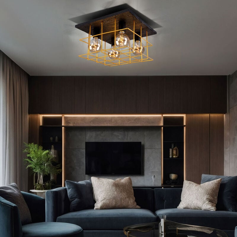 Globo Lighting - Plafonnier 4 flammes plafonnier industriel spot en bois E27, aspect bois grille en métal noir doré, LxPxH 40x40x26cm